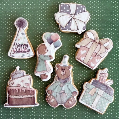 bear birthday printed sugar cookies